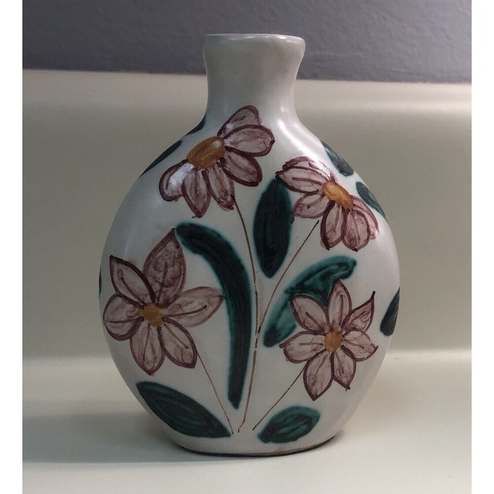 Navanlino Caltagirone Pottery 4” Bud Vase Made In Italy, Pink Coneflowers